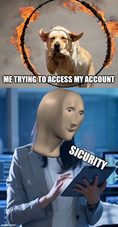 So much security even I can't get in | ME TRYING TO ACCESS MY ACCOUNT | image tagged in meme man sicurity | made w/ Imgflip meme maker