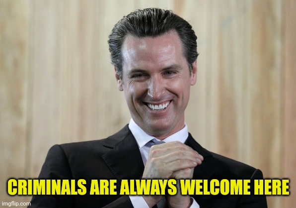 Scheming Gavin Newsom  | CRIMINALS ARE ALWAYS WELCOME HERE | image tagged in scheming gavin newsom | made w/ Imgflip meme maker