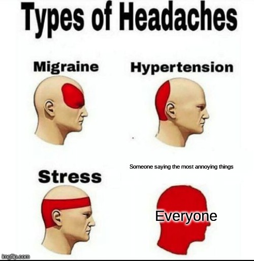 Types of Headaches meme | Someone saying the most annoying things; Everyone | image tagged in types of headaches meme,annoying | made w/ Imgflip meme maker