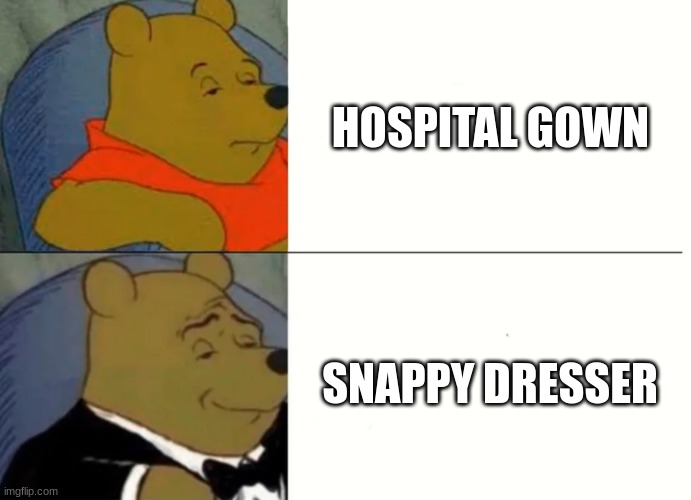 Fancy Winnie The Pooh Meme | HOSPITAL GOWN; SNAPPY DRESSER | image tagged in fancy winnie the pooh meme | made w/ Imgflip meme maker