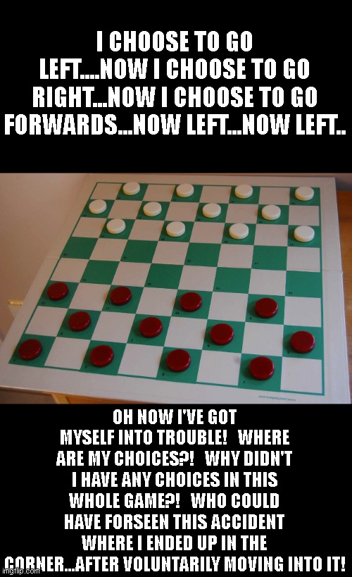 pro choice women be like.. | I CHOOSE TO GO LEFT....NOW I CHOOSE TO GO RIGHT...NOW I CHOOSE TO GO FORWARDS...NOW LEFT...NOW LEFT.. OH NOW I'VE GOT MYSELF INTO TROUBLE!   WHERE ARE MY CHOICES?!   WHY DIDN'T I HAVE ANY CHOICES IN THIS WHOLE GAME?!   WHO COULD HAVE FORSEEN THIS ACCIDENT WHERE I ENDED UP IN THE CORNER...AFTER VOLUNTARILY MOVING INTO IT! | image tagged in checkers | made w/ Imgflip meme maker