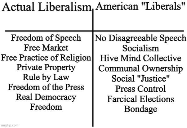 T chart | Actual Liberalism; American "Liberals"; Freedom of Speech

Free Market

Free Practice of Religion

Private Property

Rule by Law

Freedom of the Press

Real Democracy

Freedom; No Disagreeable Speech

Socialism

Hive Mind Collective

Communal Ownership

Social "Justice"

Press Control

Farcical Elections

Bondage | image tagged in t chart | made w/ Imgflip meme maker