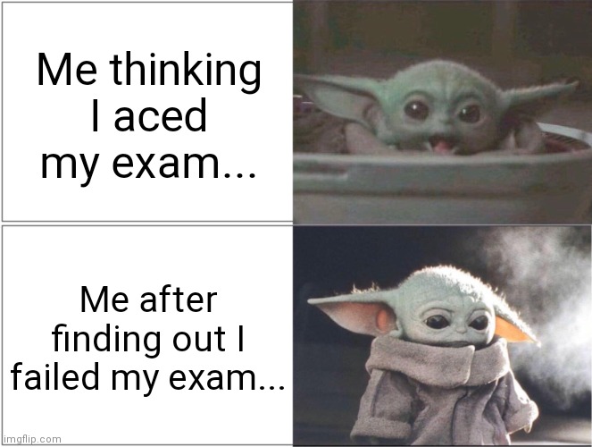 Baby Yoda happy then sad | Me thinking I aced my exam... Me after finding out I failed my exam... | image tagged in baby yoda happy then sad | made w/ Imgflip meme maker