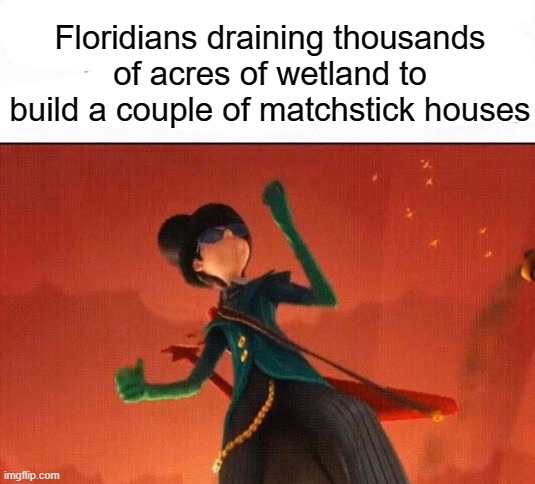 floridaphobia | Floridians draining thousands of acres of wetland to build a couple of matchstick houses | image tagged in floridaphobia,rmk,unfunny | made w/ Imgflip meme maker