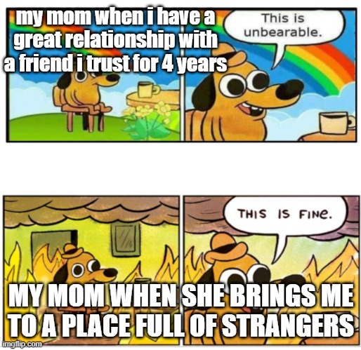 Unbearable | my mom when i have a great relationship with a friend i trust for 4 years; MY MOM WHEN SHE BRINGS ME TO A PLACE FULL OF STRANGERS | image tagged in unbearable | made w/ Imgflip meme maker