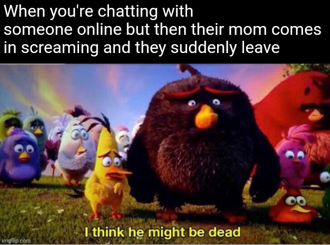 Oop- | When you're chatting with someone online but then their mom comes in screaming and they suddenly leave | image tagged in i think he might be dead,funny memes,funny,gaming,screaming,parents | made w/ Imgflip meme maker