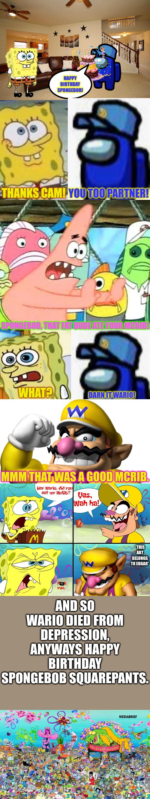 Spongebob birthday comic | image tagged in spongebob squarepants,spongebob,ocs,wario dies,wario,crossover | made w/ Imgflip meme maker