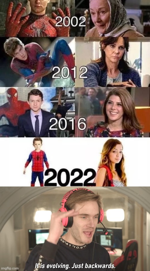 spider-man | image tagged in its evolving just backwards | made w/ Imgflip meme maker