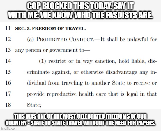 Welcome to Nazi America folks Population: Fascist. | GOP BLOCKED THIS TODAY. SAY IT WITH ME: WE KNOW WHO THE FASCISTS ARE. THIS WAS ONE OF THE MOST CELEBRATED FREEDOMS OF OUR COUNTRY - STATE TO STATE TRAVEL WITHOUT THE NEED FOR PAPERS. | image tagged in republicans,fascist,nazi america,tyranny by minority,evil,maga | made w/ Imgflip meme maker