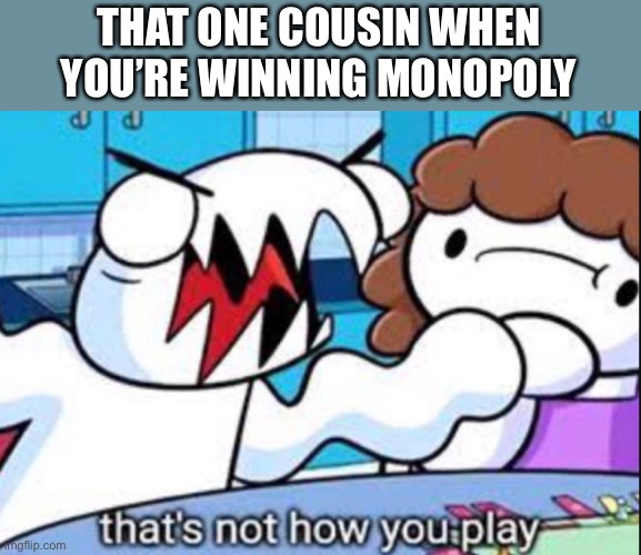 That's not how you play | THAT ONE COUSIN WHEN YOU’RE WINNING MONOPOLY | image tagged in that's not how you play | made w/ Imgflip meme maker