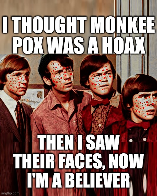 I Thought Monkee Pox Was Hoax, Now I'm Believer | I THOUGHT MONKEE
POX WAS A HOAX; THEN I SAW
THEIR FACES, NOW
I'M A BELIEVER | image tagged in the monkees,monkeypox,i'm a believer,hoax,thought it was a hoax,fake news | made w/ Imgflip meme maker