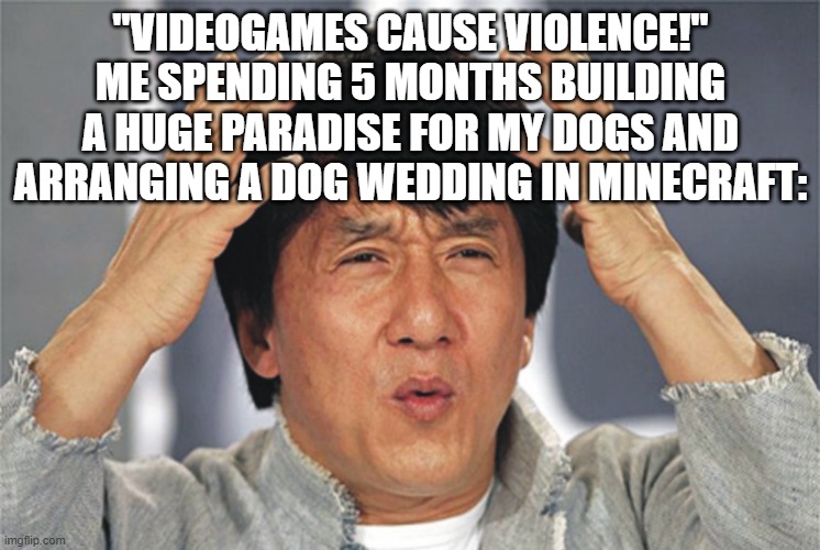they don't cause violence | "VIDEOGAMES CAUSE VIOLENCE!"
ME SPENDING 5 MONTHS BUILDING A HUGE PARADISE FOR MY DOGS AND ARRANGING A DOG WEDDING IN MINECRAFT: | image tagged in jackie chan confused | made w/ Imgflip meme maker