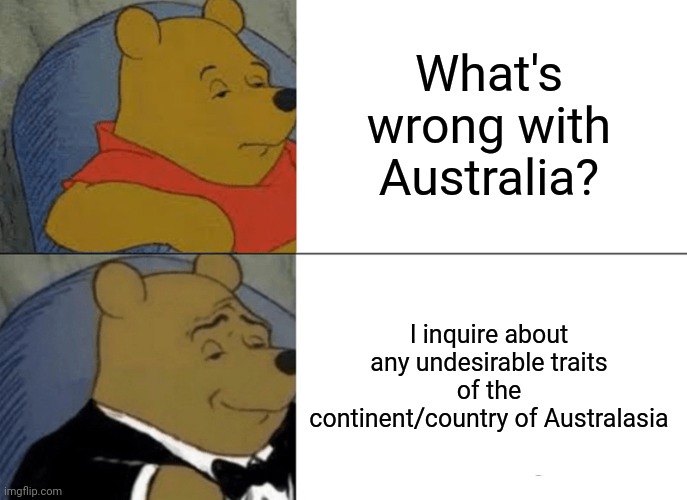 Flies big enough to kidnap small children | What's wrong with Australia? I inquire about any undesirable traits of the continent/country of Australasia | image tagged in memes,tuxedo winnie the pooh | made w/ Imgflip meme maker