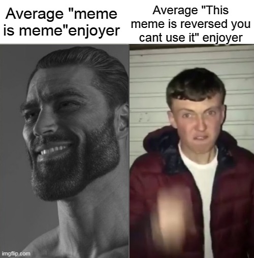 meme is meme | Average "This meme is reversed you cant use it" enjoyer; Average "meme is meme"enjoyer | image tagged in giga chad | made w/ Imgflip meme maker