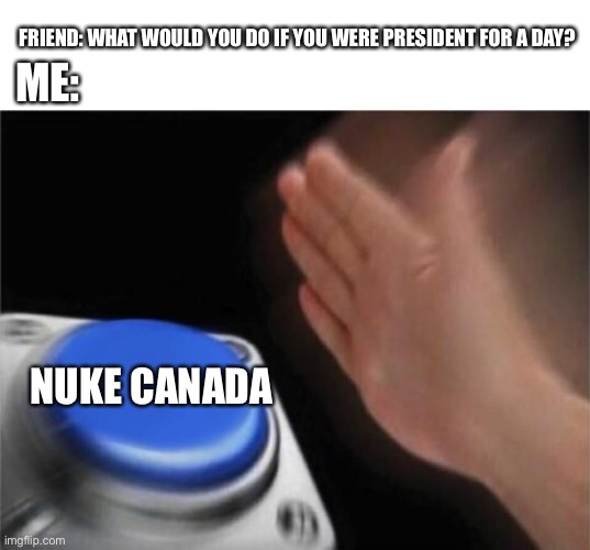 Hehe Boi | FRIEND: WHAT WOULD YOU DO IF YOU WERE PRESIDENT FOR A DAY? ME:; NUKE CANADA | image tagged in nut button crystalbot | made w/ Imgflip meme maker