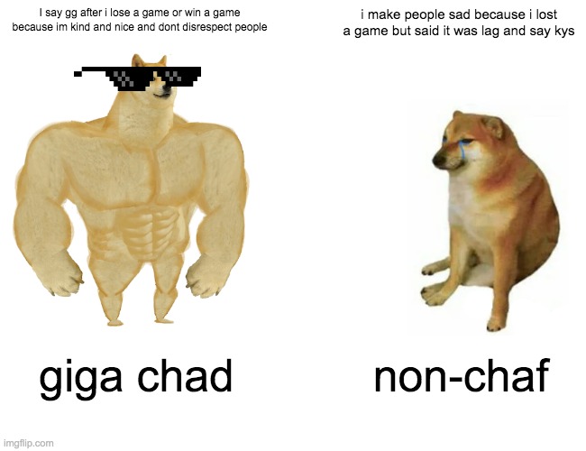 Buff Doge vs. Cheems Meme | I say gg after i lose a game or win a game because im kind and nice and dont disrespect people; i make people sad because i lost a game but said it was lag and say kys; giga chad; non-chaf | image tagged in memes,buff doge vs cheems | made w/ Imgflip meme maker