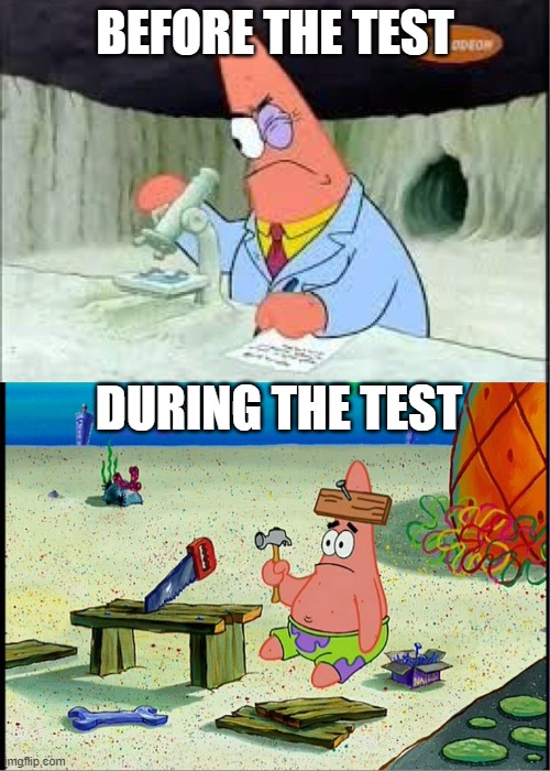 PAtrick, Smart Dumb | BEFORE THE TEST; DURING THE TEST | image tagged in patrick smart dumb | made w/ Imgflip meme maker
