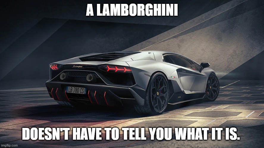 Lamborghini doesn't need to tell you it's Pro Nouns. | A LAMBORGHINI; DOESN'T HAVE TO TELL YOU WHAT IT IS. | image tagged in lamborghini,pro nouns,sob mob,bulllshit first world problems | made w/ Imgflip meme maker