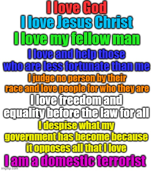 When the solution is called the problem | I love God; I love Jesus Christ; I love my fellow man; I love and help those who are less fortunate than me; I judge no person by their race and love people for who they are; I love freedom and equality before the law for all; I despise what my government has become because it opposes all that I love; I am a domestic terrorist | image tagged in blank white template | made w/ Imgflip meme maker