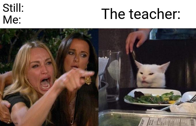 Still:
Me: The teacher: | image tagged in memes,woman yelling at cat | made w/ Imgflip meme maker