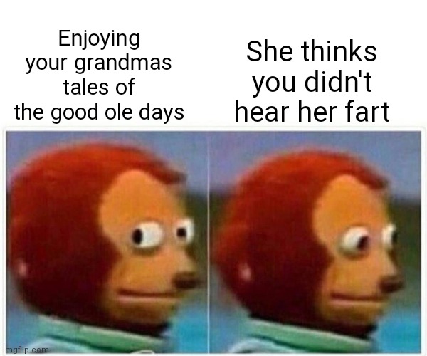 Monkey Puppet Meme |  She thinks you didn't hear her fart; Enjoying your grandmas tales of the good ole days | image tagged in memes,monkey puppet | made w/ Imgflip meme maker