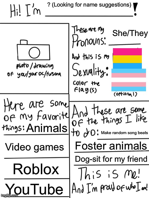 Lgbtq stream account profile | ? (Looking for name suggestions); She/They; Animals; Make random song beats; Video games; Foster animals; Dog-sit for my friend; Roblox; YouTube | image tagged in lgbtq stream account profile | made w/ Imgflip meme maker