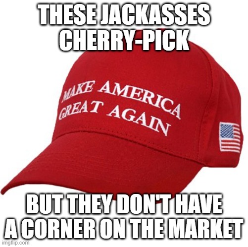 MAGA HAT | THESE JACKASSES CHERRY-PICK BUT THEY DON'T HAVE A CORNER ON THE MARKET | image tagged in maga hat | made w/ Imgflip meme maker