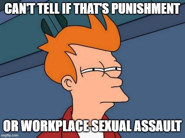 skeptical fry | CAN'T TELL IF THAT'S PUNISHMENT OR WORKPLACE SEXUAL ASSAULT | image tagged in skeptical fry | made w/ Imgflip meme maker
