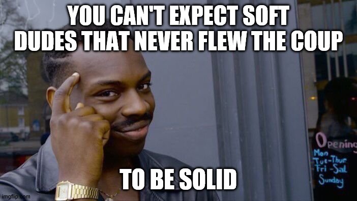 Roll Safe Think About It | YOU CAN'T EXPECT SOFT DUDES THAT NEVER FLEW THE COUP; TO BE SOLID | image tagged in memes,roll safe think about it | made w/ Imgflip meme maker