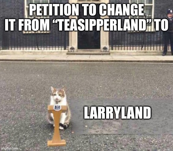 Larry the Cat | PETITION TO CHANGE IT FROM “TEASIPPERLAND” TO; LARRYLAND | image tagged in larry the cat | made w/ Imgflip meme maker