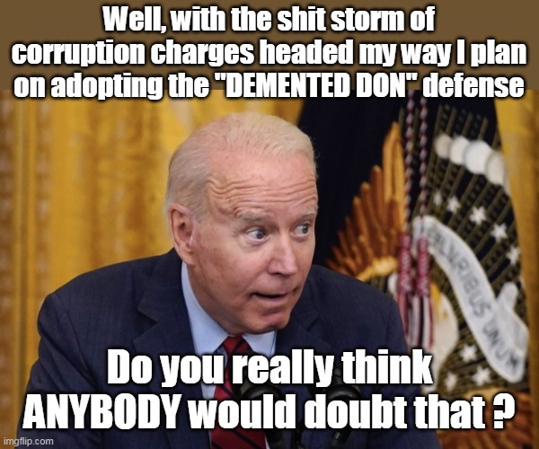 White Bulger of the White House | Well, with the shit storm of corruption charges headed my way I plan on adopting the "DEMENTED DON" defense; Do you really think ANYBODY would doubt that ? | image tagged in family crime boss potus | made w/ Imgflip meme maker