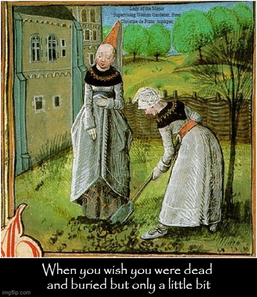 A Bit Depressed | Lady of the Manor Supervising Woman Gardener, from Christine de Pizan: minkpen; When you wish you were dead  and buried but only a little bit | image tagged in art memes,medieval,gardening,suicide,depression,bpd | made w/ Imgflip meme maker