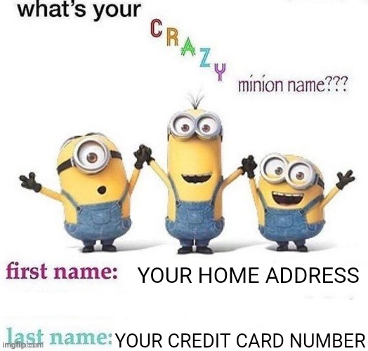 YOUR HOME ADDRESS; YOUR CREDIT CARD NUMBER | made w/ Imgflip meme maker