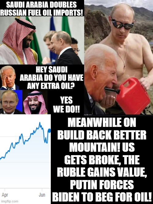 Meanwhile on build back better mountain!! | MEANWHILE ON BUILD BACK BETTER MOUNTAIN! US GETS BROKE, THE RUBLE GAINS VALUE, PUTIN FORCES BIDEN TO BEG FOR OIL! | image tagged in putin's puppet,putin thats cute,putin cheers,test your stupidity,democrats | made w/ Imgflip meme maker