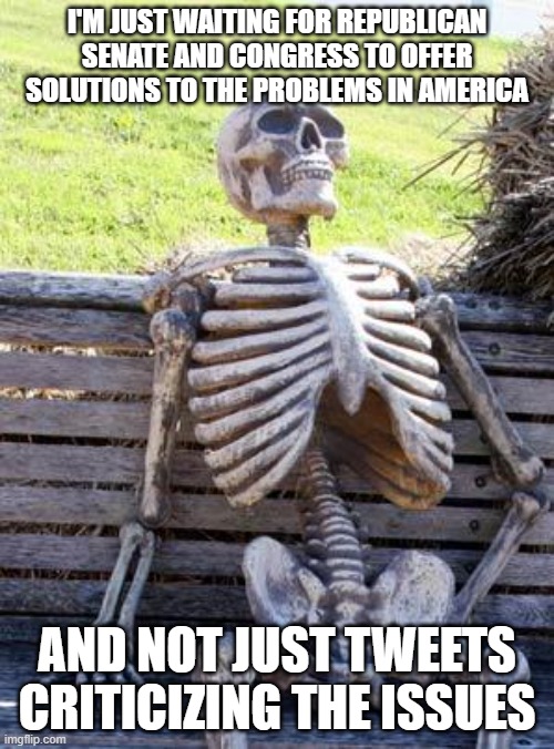 Waiting Skeleton Meme | I'M JUST WAITING FOR REPUBLICAN SENATE AND CONGRESS TO OFFER SOLUTIONS TO THE PROBLEMS IN AMERICA; AND NOT JUST TWEETS CRITICIZING THE ISSUES | image tagged in memes,waiting skeleton | made w/ Imgflip meme maker