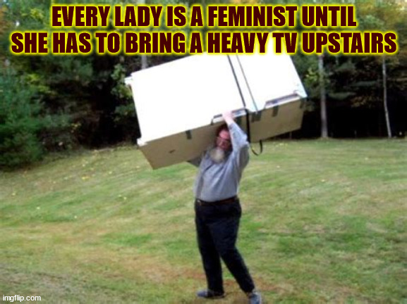 Feminist | EVERY LADY IS A FEMINIST UNTIL SHE HAS TO BRING A HEAVY TV UPSTAIRS | image tagged in feminism | made w/ Imgflip meme maker