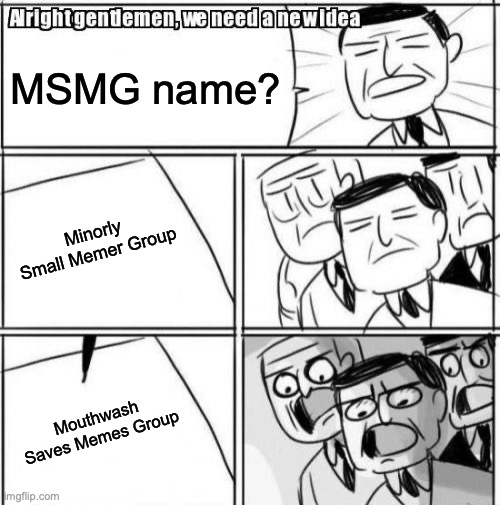 the thing thing of the thing and you put the thing in the thing and it things | MSMG name? Minorly Small Memer Group; Mouthwash Saves Memes Group | image tagged in memes,alright gentlemen we need a new idea | made w/ Imgflip meme maker