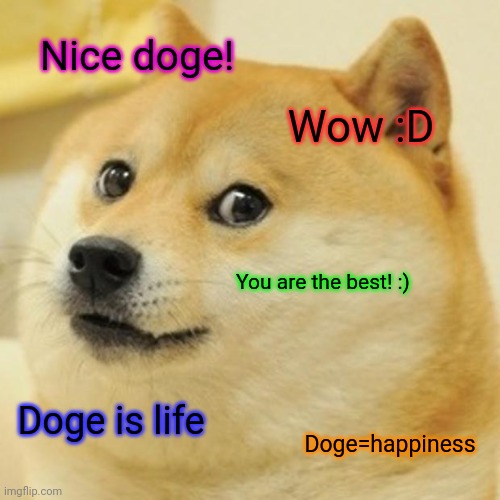 Doge Meme | Nice doge! Wow :D; You are the best! :); Doge is life; Doge=happiness | image tagged in memes,doge | made w/ Imgflip meme maker