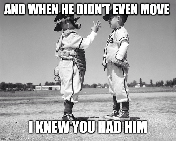 kids baseball | AND WHEN HE DIDN'T EVEN MOVE I KNEW YOU HAD HIM | image tagged in kids baseball | made w/ Imgflip meme maker