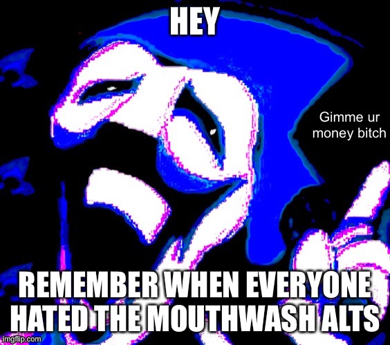 HEY; REMEMBER WHEN EVERYONE HATED THE MOUTHWASH ALTS | image tagged in gimme your money bitch | made w/ Imgflip meme maker
