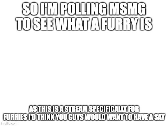 trust me I'm not a troll I swear I don't hate furries (poll in comments) | SO I'M POLLING MSMG TO SEE WHAT A FURRY IS; AS THIS IS A STREAM SPECIFICALLY FOR FURRIES I'D THINK YOU GUYS WOULD WANT TO HAVE A SAY | image tagged in blank white template | made w/ Imgflip meme maker