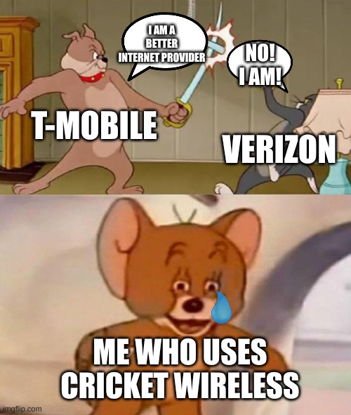 Who is a better internet provider? | I AM A BETTER INTERNET PROVIDER; NO! I AM! T-MOBILE; VERIZON; ME WHO USES CRICKET WIRELESS | image tagged in tom and jerry swordfight,memes,internet provider,t-mobile | made w/ Imgflip meme maker