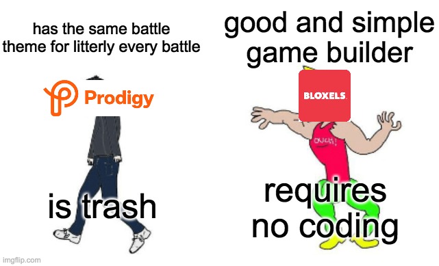 Prodigy is trash! | good and simple game builder; has the same battle theme for litterly every battle; requires no coding; is trash | image tagged in virgin vs chad | made w/ Imgflip meme maker