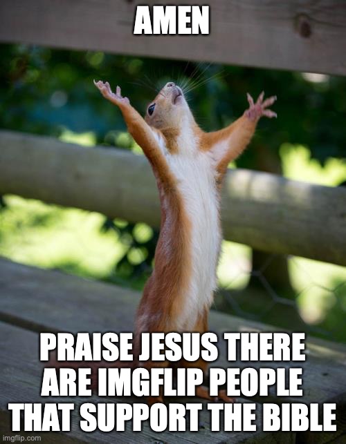 amen squirrel | AMEN PRAISE JESUS THERE ARE IMGFLIP PEOPLE THAT SUPPORT THE BIBLE | image tagged in amen squirrel | made w/ Imgflip meme maker