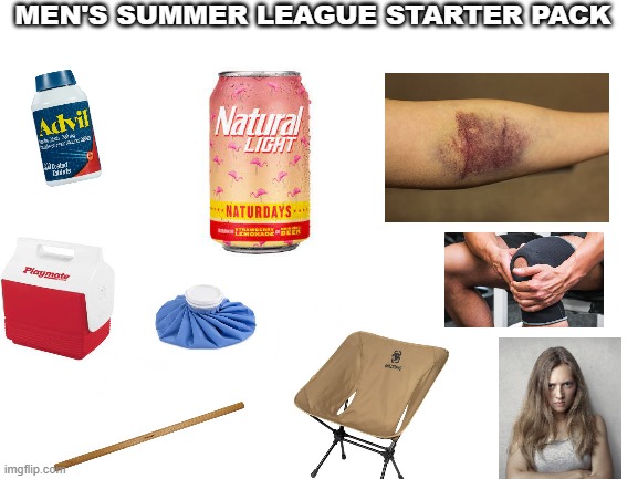 Men's Lacrosse League Summer Starter Pack | MEN'S SUMMER LEAGUE STARTER PACK | image tagged in blank white template | made w/ Imgflip meme maker