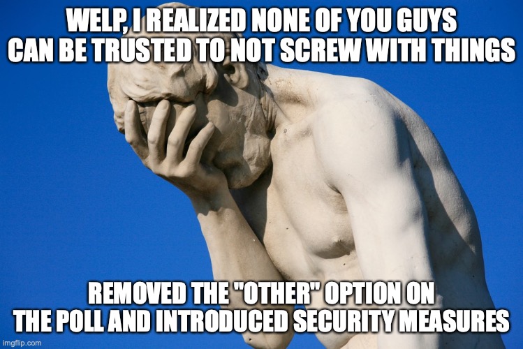 Seriously, guys? | WELP, I REALIZED NONE OF YOU GUYS CAN BE TRUSTED TO NOT SCREW WITH THINGS; REMOVED THE "OTHER" OPTION ON THE POLL AND INTRODUCED SECURITY MEASURES | image tagged in embarrassed statue | made w/ Imgflip meme maker