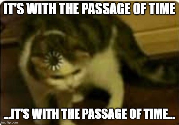 Buffering cat | IT'S WITH THE PASSAGE OF TIME ...IT'S WITH THE PASSAGE OF TIME... | image tagged in buffering cat | made w/ Imgflip meme maker