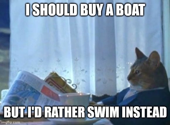 I Should Buy A Boat Cat | I SHOULD BUY A BOAT; BUT I'D RATHER SWIM INSTEAD | image tagged in memes,i should buy a boat cat | made w/ Imgflip meme maker