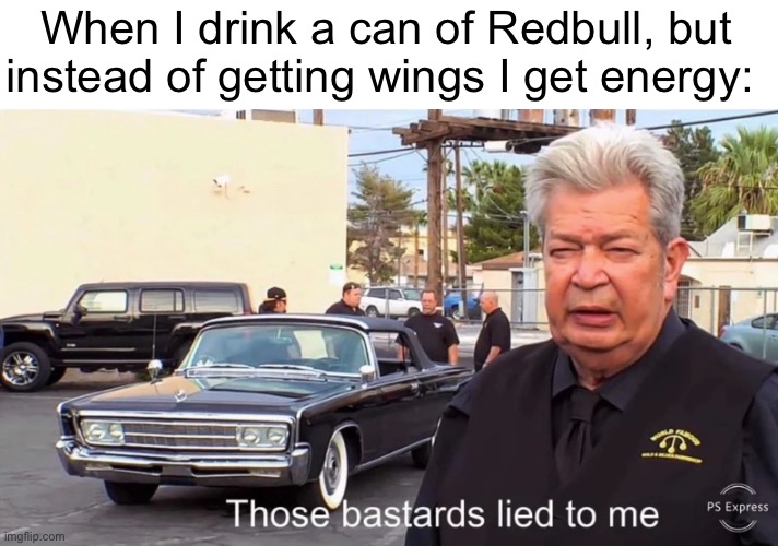 Those Basterds lied to me | When I drink a can of Redbull, but instead of getting wings I get energy: | image tagged in those basterds lied to me,redbull | made w/ Imgflip meme maker