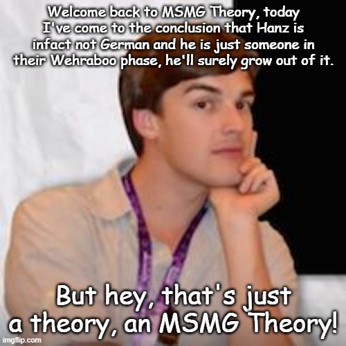 It's satire, you idiot | Welcome back to MSMG Theory, today I've come to the conclusion that Hanz is infact not German and he is just someone in their Wehraboo phase, he'll surely grow out of it. But hey, that's just a theory, an MSMG Theory! | image tagged in msmg theory | made w/ Imgflip meme maker